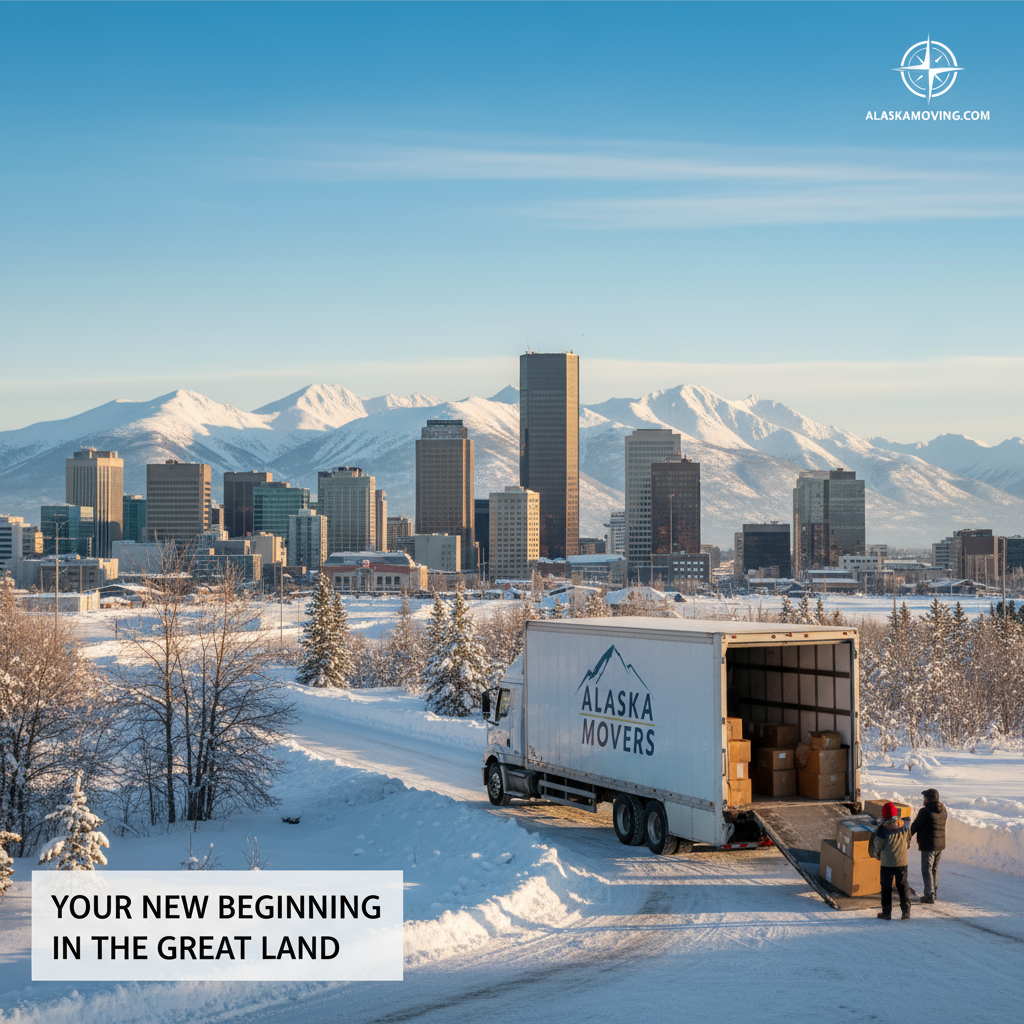 Family unloading moving boxes with snowy Anchorage mountains in background
